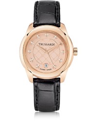Trussardi T01 Lady Rose Gold Stainless Steel And Black Leather Watch