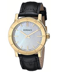 Versace Vqa020000 Acron Diamond Accented Gold Plated Watch With Black Leather Band