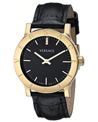 Versace Vqa030000 Acron Diamond Accented Gold Tone Watch With Black Leather Band