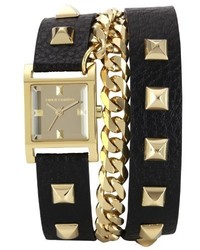 Vince Camuto Vc5088gmbk Square Gold Tone Double Wrap Black Leather Strap Watch