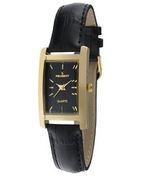 Peugeot Watches Gold Tone Black Dial Leather Strap Watch Black