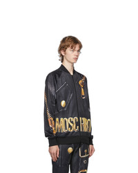 Moschino Black And Gold Leather Print Bomber Jacket
