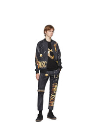 Moschino Black And Gold Leather Print Bomber Jacket