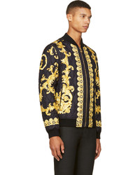 Versace Black Silk Baroque Bomber Jacket