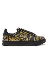 Black and Gold Print Leather Low Top Sneakers