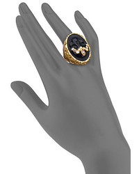 Alexis Bittar Elets Muse Dore Black Agate Crystal Skull Cameo Cocktail Ring