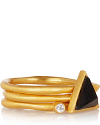 Kevia Set Of Three Gold Plated Onyx And Cubic Zirconia Rings