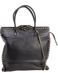 Valentino Black Leather Rockstud Clasp Front Convertible Tote Bag