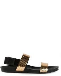 Black and Gold Suede Flat Sandals