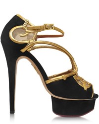 Charlotte Olympia Black Suede And Antique Gold Metallic Leather Rattan Platform Sandal