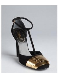 Yves Saint Laurent Black Suede And Gold Banded Toe T Straps