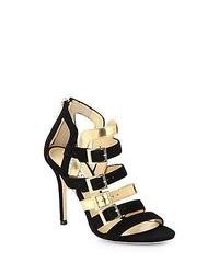 Jimmy Choo Bronx Suede Mirror Leather Sandals Black Gold
