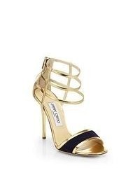 Jimmy Choo Tolka Mirror Leather Suede Sandals Gold Navy