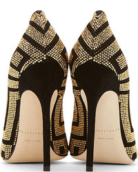 Brian Atwood Black Gold Suede Perforated Alis Pump
