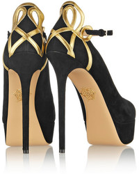 Charlotte Olympia Sabrina Metallic Leather Trimmed Suede Pumps