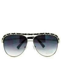 106Shades Leather Weave Chain Flat Top Classic Aviator Sunglasses Black