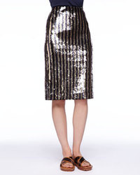 Black and Gold Vertical Striped Sequin Pencil Skirt