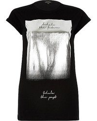 River Island Black Inhale Foil Print Fitted T Shirt