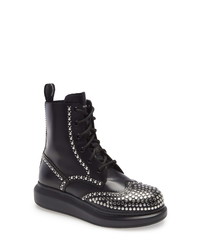 Black and Silver Studded Leather Lace-up Flat Boots