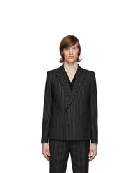Black and Silver Vertical Striped Wool Double Breasted Blazer