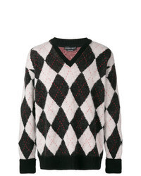 Black and White Argyle V-neck Sweater