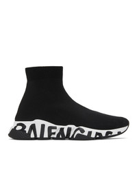 Balenciaga Black And White Graffiti Sole Speed High Top Sneakers