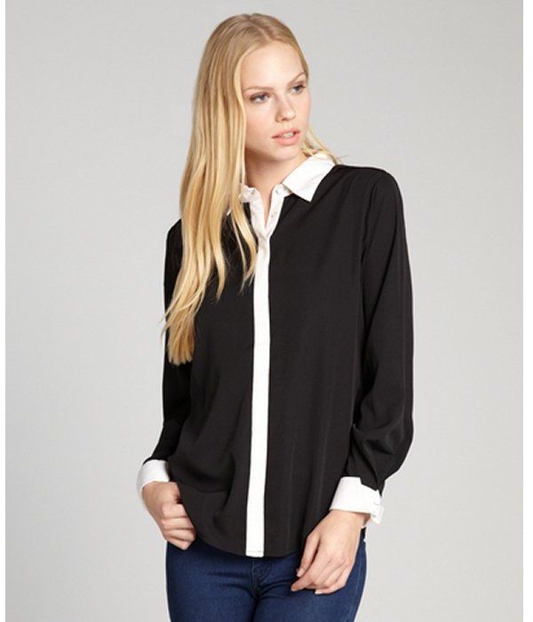 Style And White Contrast Trim Button Front Blouse, $49 | Bluefly | Lookastic