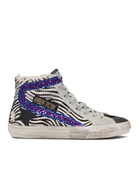 Golden Goose Black And White Zebra Purple Slide Sneakers