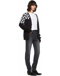 Saint Laurent Black And White Half Check Embroidered Cardigan