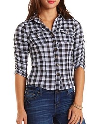 Charlotte Russe Ruched Sleeve Button Up Plaid Top