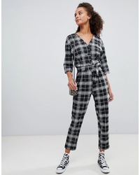 Bershka Button Front Jumpsuit In Check