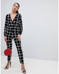 ASOS DESIGN Wrap Jumpsuit In Grid Check And White