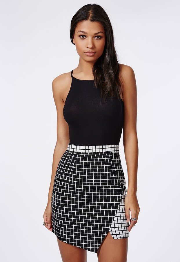 Missguided Contrast Check Asymmetric Skirt Black, $40 | Missguided ...