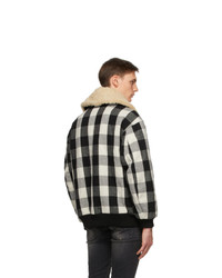 R13 Black And Off White Exaggerated Collar Bomber Jacket