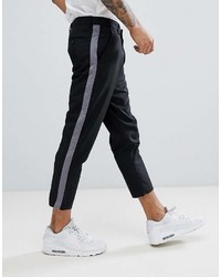 Boohooman Cropped Tapered Pants With Side Stripe In Black