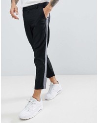 Boohooman Cropped Tapered Pants With Side Stripe In Black
