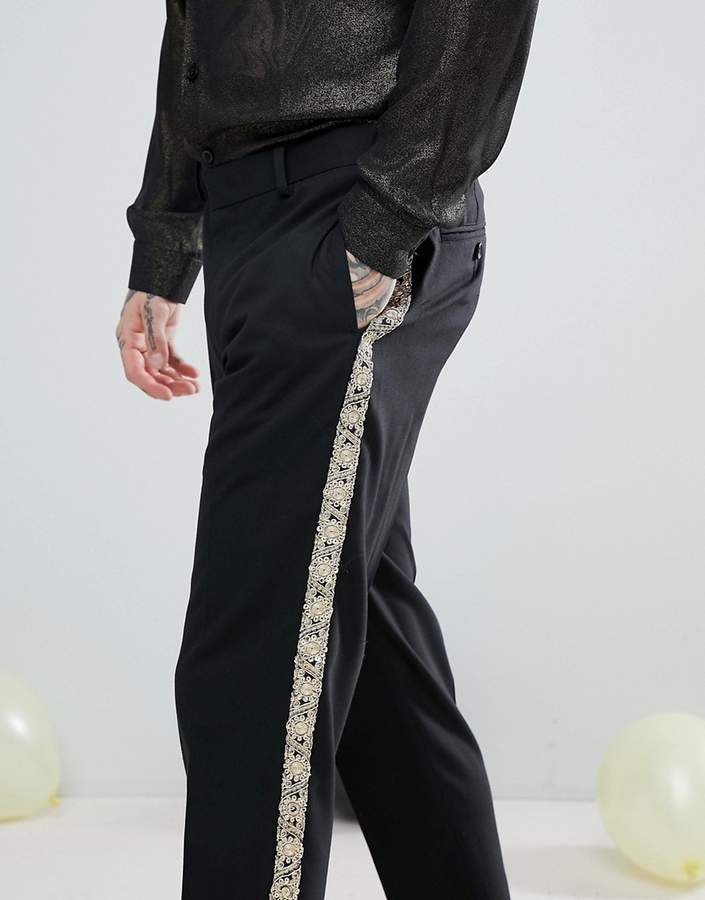 Asos Skinny Suit Pants In Black With Gold Brocade Side Stripe, $64, Asos