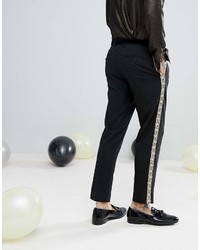 Asos Skinny Suit Pants In Black With Gold Brocade Side Stripe