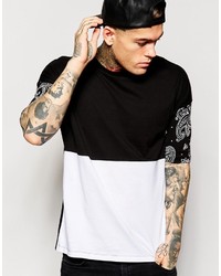 Asos Brand Longline T Shirt With Bandana Print Sleeves And Contrast Hem Panel