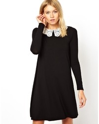 Asos Swing Dress With Crochet Collar And Long Sleeves Red