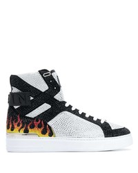 Black and White Embellished Leather High Top Sneakers