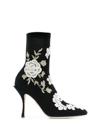 Black and White Embroidered Leather Ankle Boots