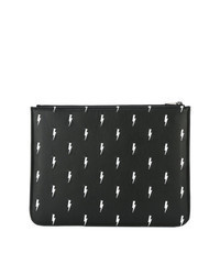 Black and White Embroidered Leather Zip Pouch