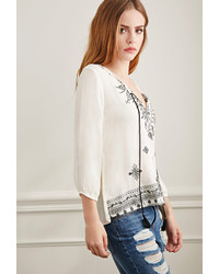 Forever 21 Paisley Embroidered Peasant Top