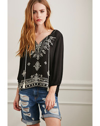 Forever 21 Paisley Embroidered Peasant Top