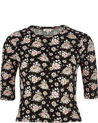 River Island Black Floral Print Fitted Cropped T Shirt
