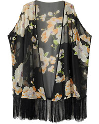 Choies Black Floral Chiffon Kimono Coat With Tassels
