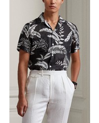 Black and White Floral Linen Short Sleeve Shirt