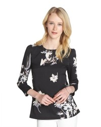 French Connection Black And White Watercolor Floral Print Long Sleeve Blouse