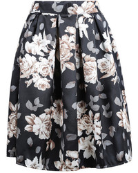 Black Floral Print Midi Skirt